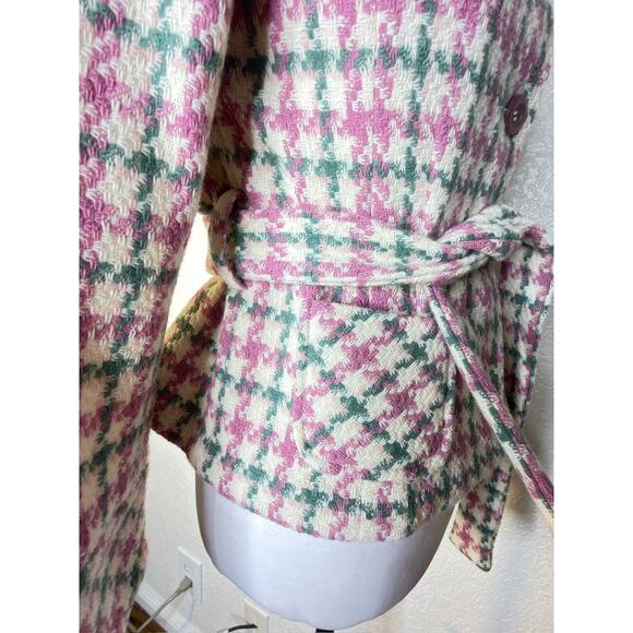 Margaret O'Leary Jacket S Pink Wool Tweed Belt Button Coat Coquette Herringbone - Picture 6 of 7